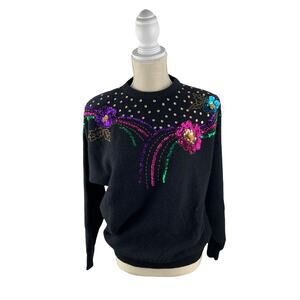 In Charge Vintage Sequin Beaded Flower Black Sweater Pullover. Womens Size Med